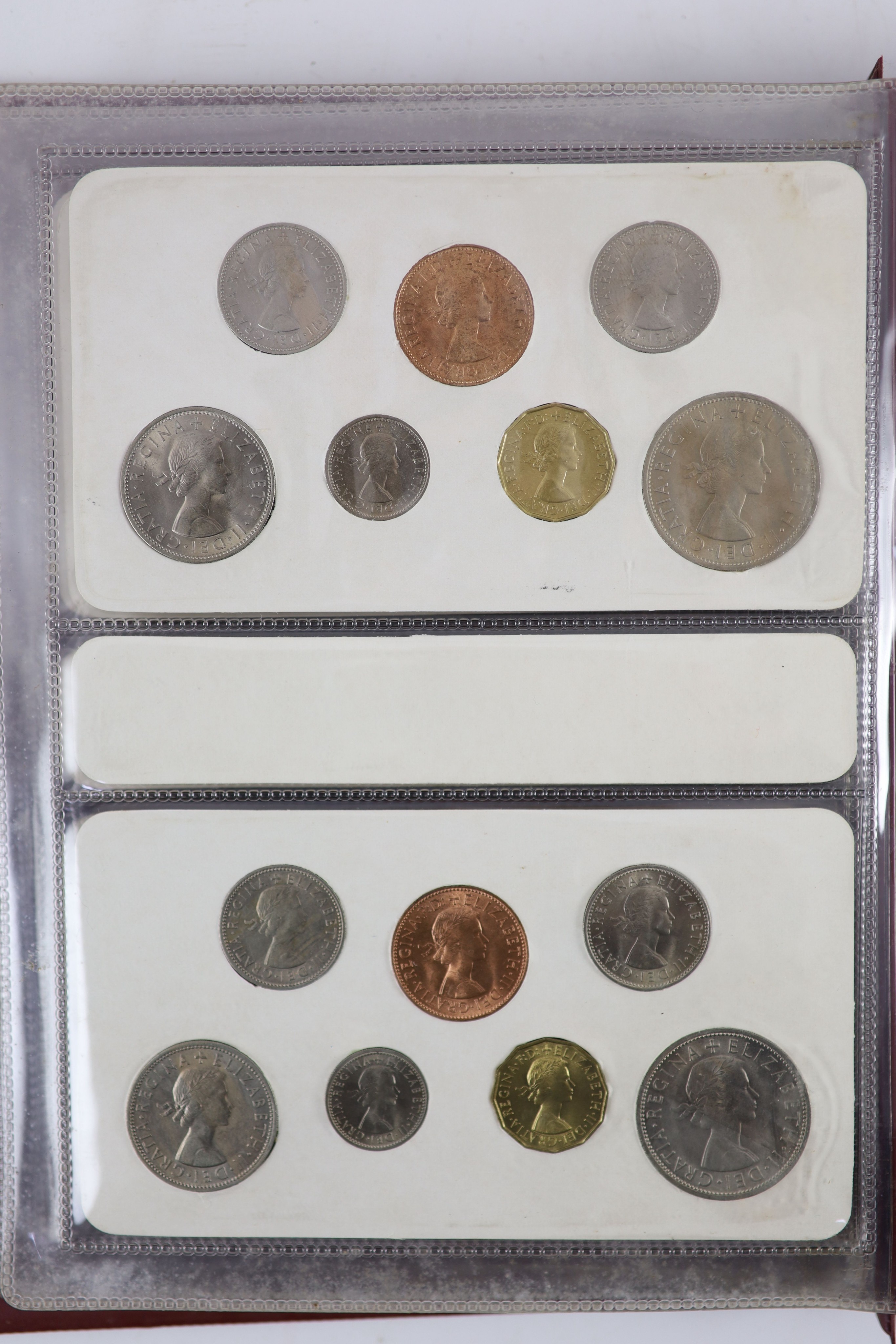 Queen Elizabeth II pre-decimal specimen coin sets for 1953 - 1967, first and second issues, all EF/UNC (15 sets), including 1954, 1957-1959 halfcrowns, florins and shillings, scarce in high grade